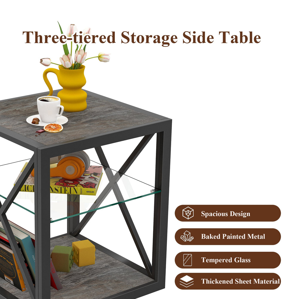 Modern End Table Nightstand with Tempered Glass & Wood Grain MDF