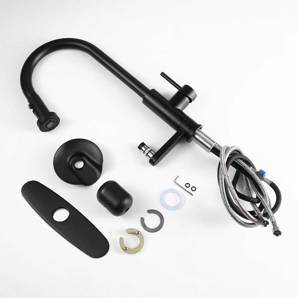 3 In 1 Kitchen Faucet With Press Type Glass Rinser, High Arc Pull Down Sprayer