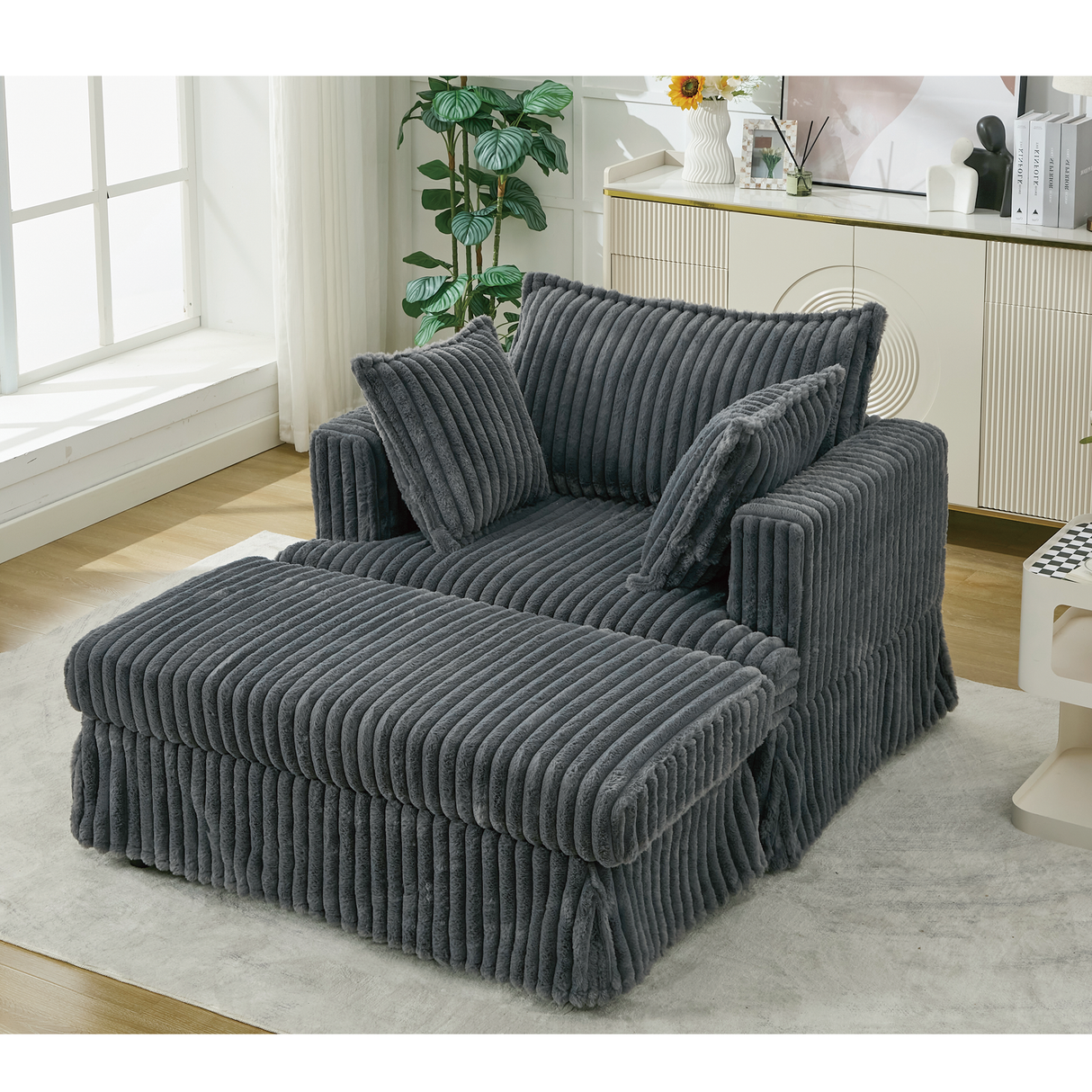 Oversized Corduroy Chaise Lounge with Ottoman in Dark Gray