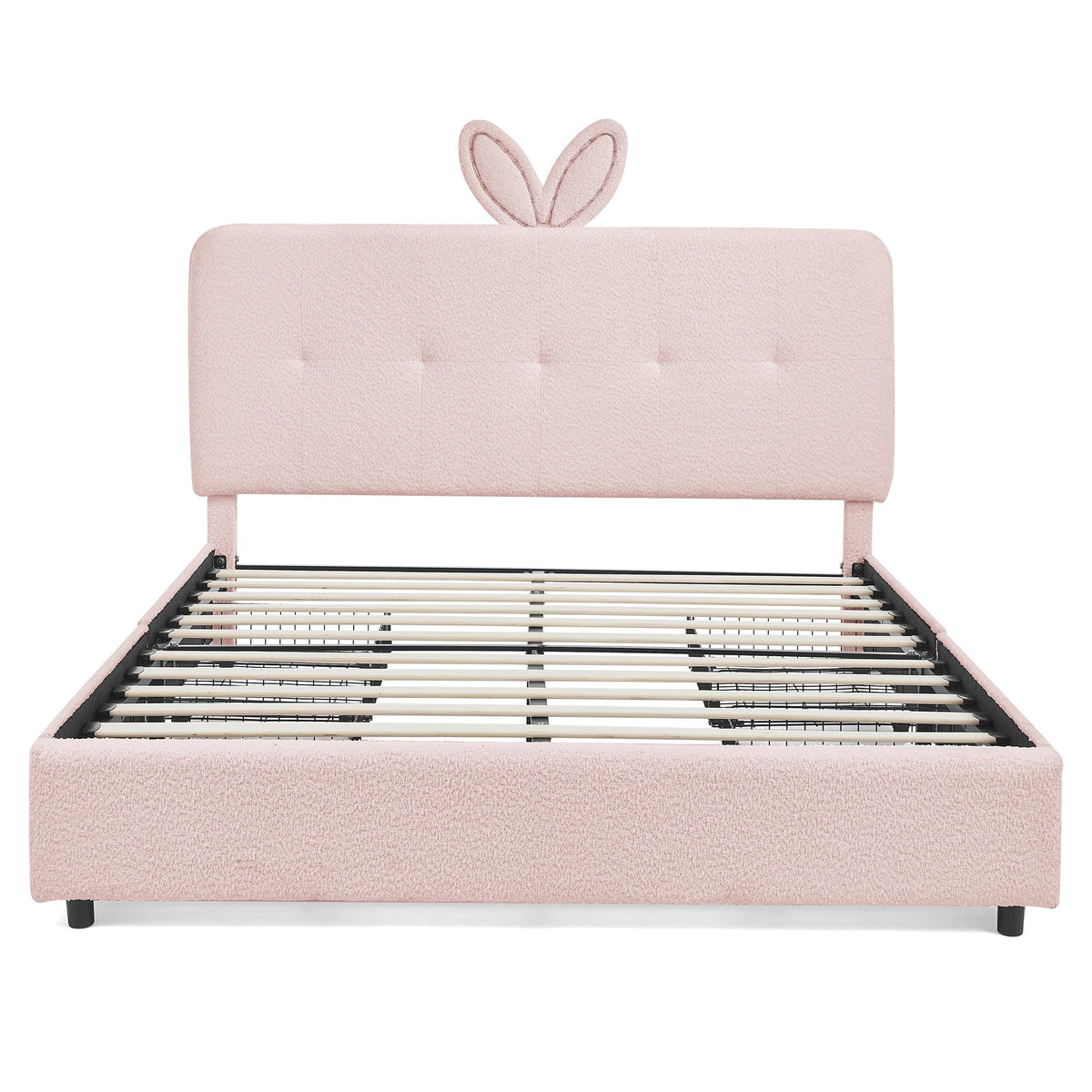 Queen Size Kids Upholstered Bed with Oversized Rabbit Ear Headboard, LED Light & 4 Storage Drawers, Boucle Fabric (84.5''X62.75''X41'')