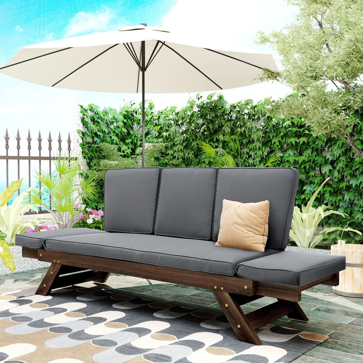 TOPMAX Outdoor Adjustable Patio Wooden Daybed Sofa Chaise Lounge with Cushions