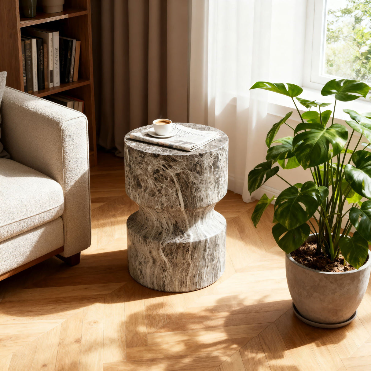 Outdoor Geometric Round End Table - Marble