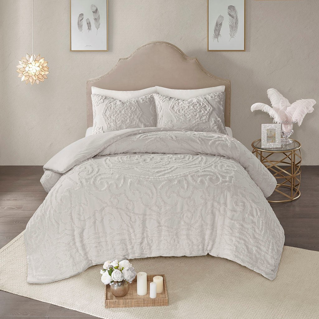 3-Piece Tufted Cotton Chenille Medallion Duvet Cover Set