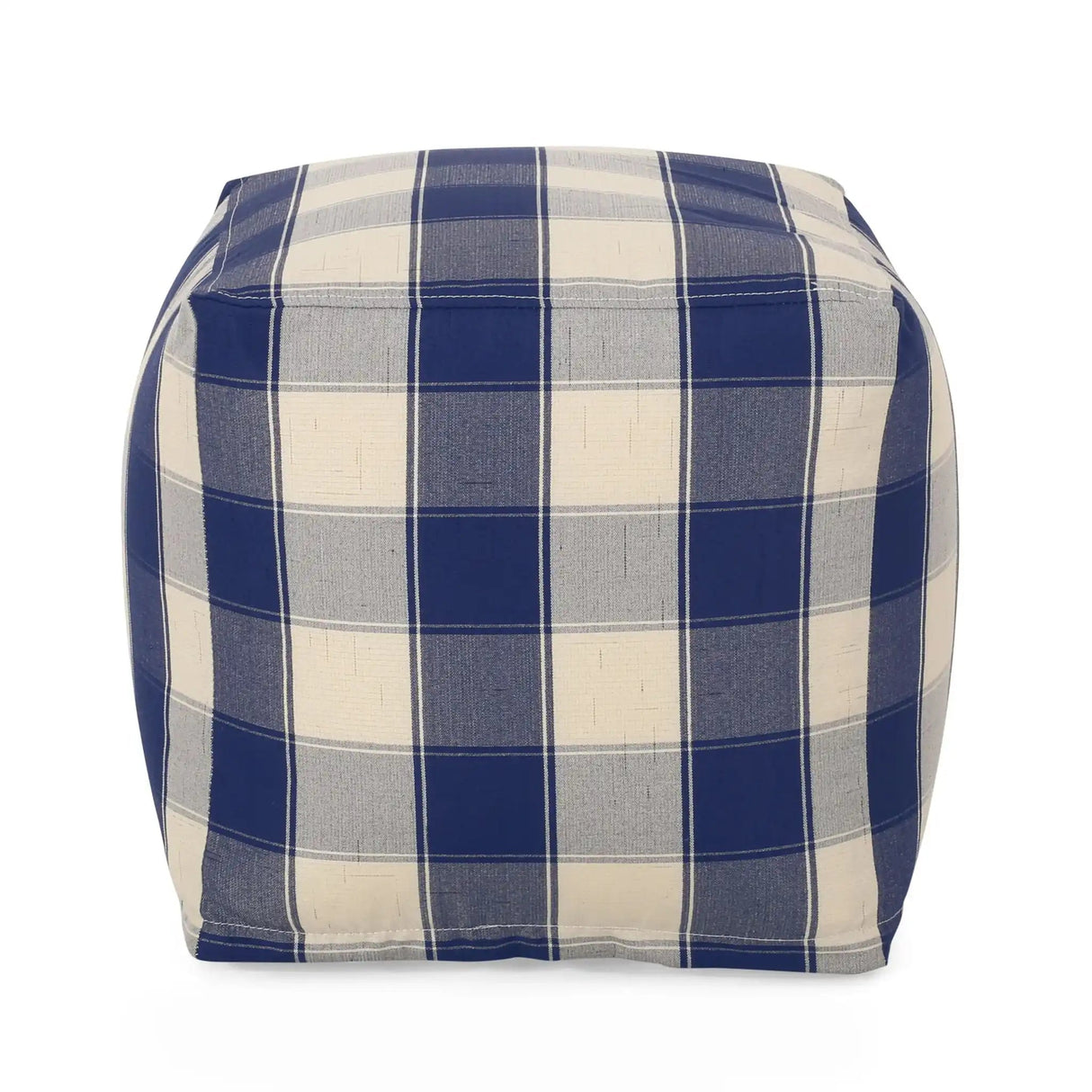 Connor Checkered Square Pouf Ottoman and Floor Cushion Ivory Navy