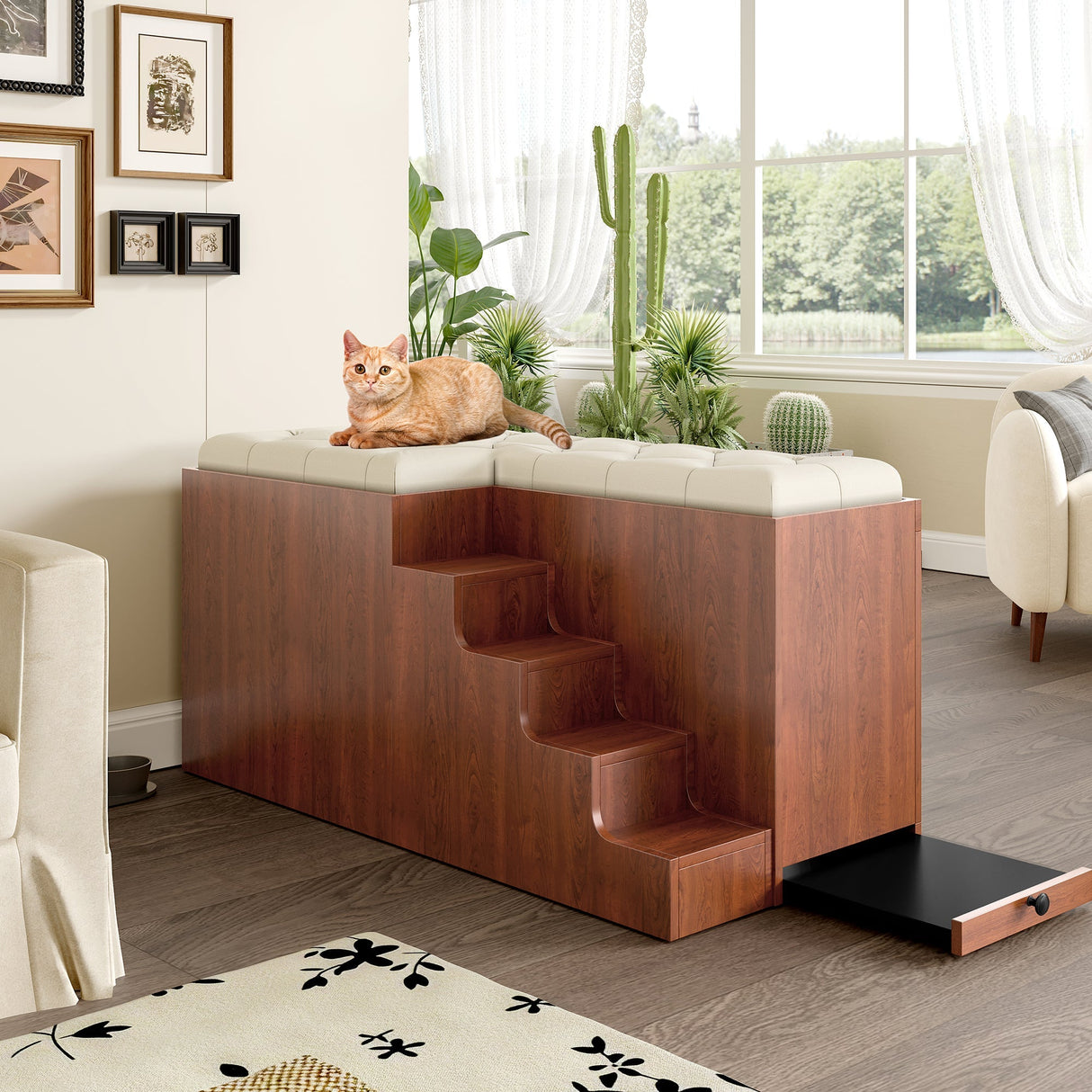 2 in 1 Dog Crate with Padded Seat Walnut 56'L Furniture Style