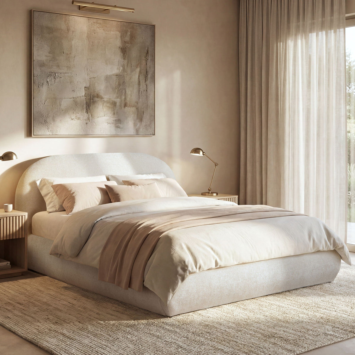 Archie Puffy Grounded Upholstered Platform Bed with Rounded Headboard - Green, White, Beige