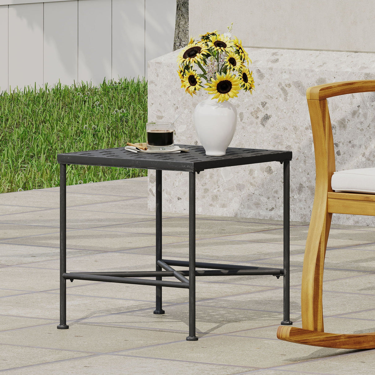 Outdoor Square Side Table with X Shaped Iron Frame - Black