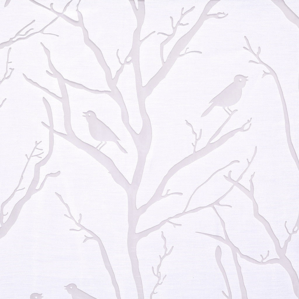 Sheer Bird on Branches Grommet Curtain Panel with Burnout Design - White