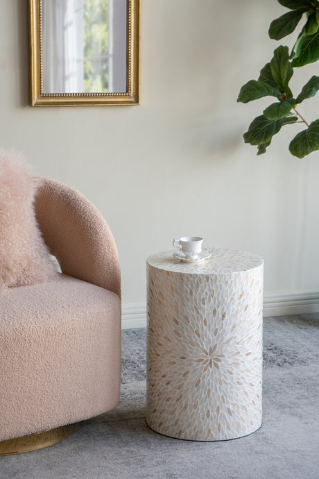 14x14x20'-Decorative-Drum-Stool-with-Gold-and-White-Capiz-Design-Side-Tables