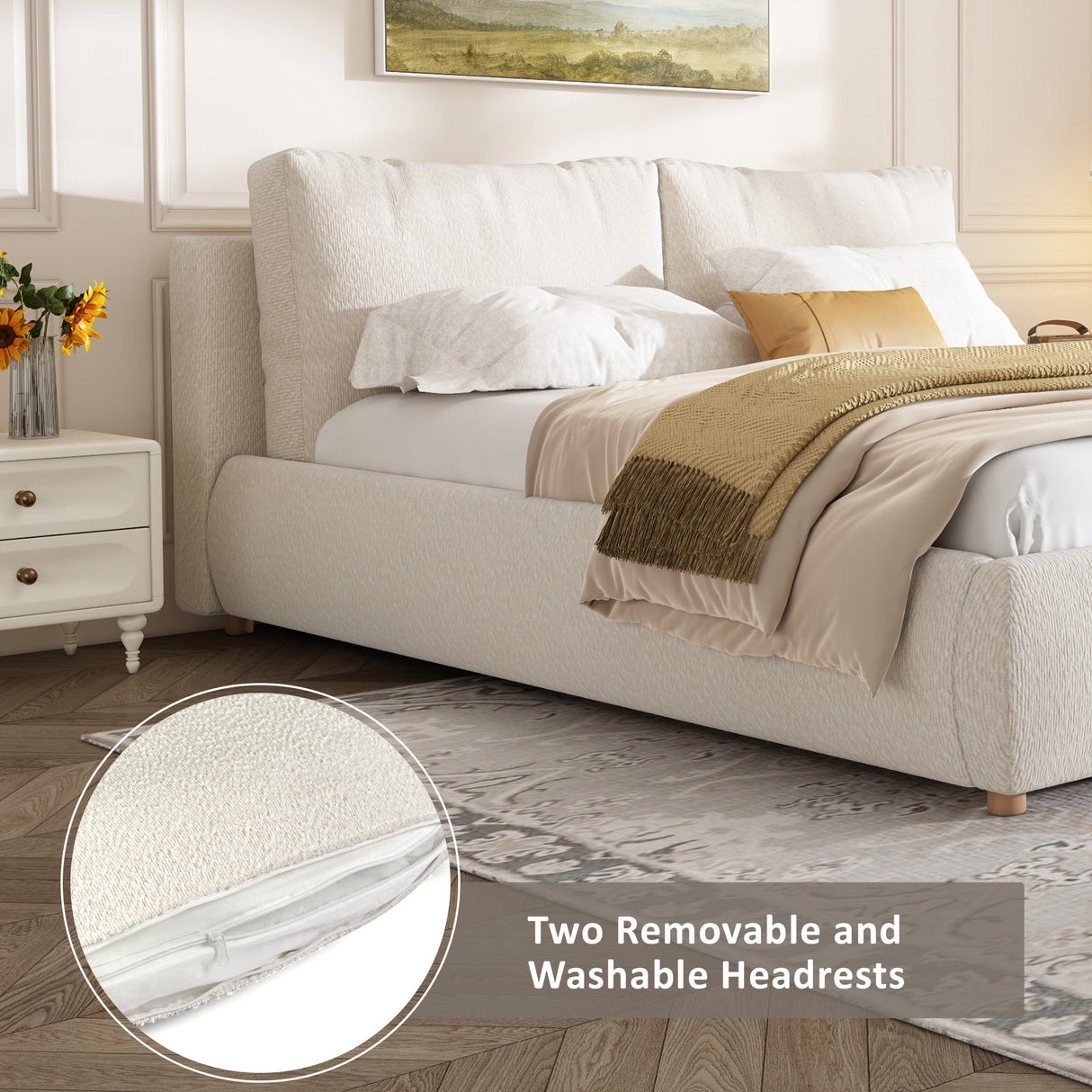 Queen Size Upholstered Platform Bed with Two Removable Pillow Headboard