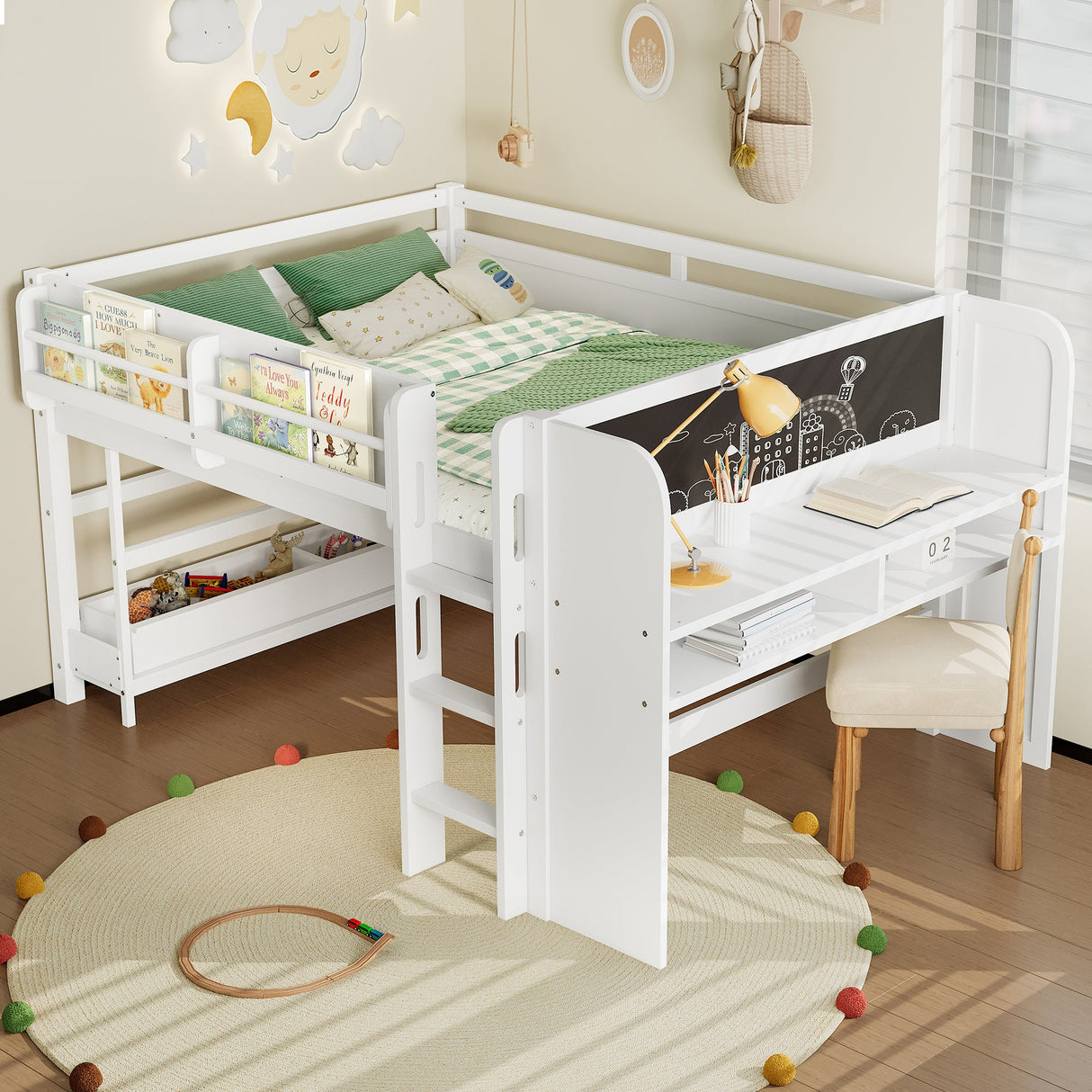 Full Loft Bed with Multi-Storage Bookcases, Boxes and Drawers