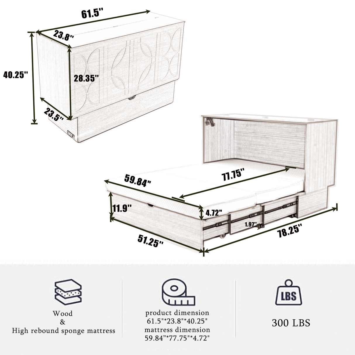 Cabinet Bed with Storage and Foam Mattress