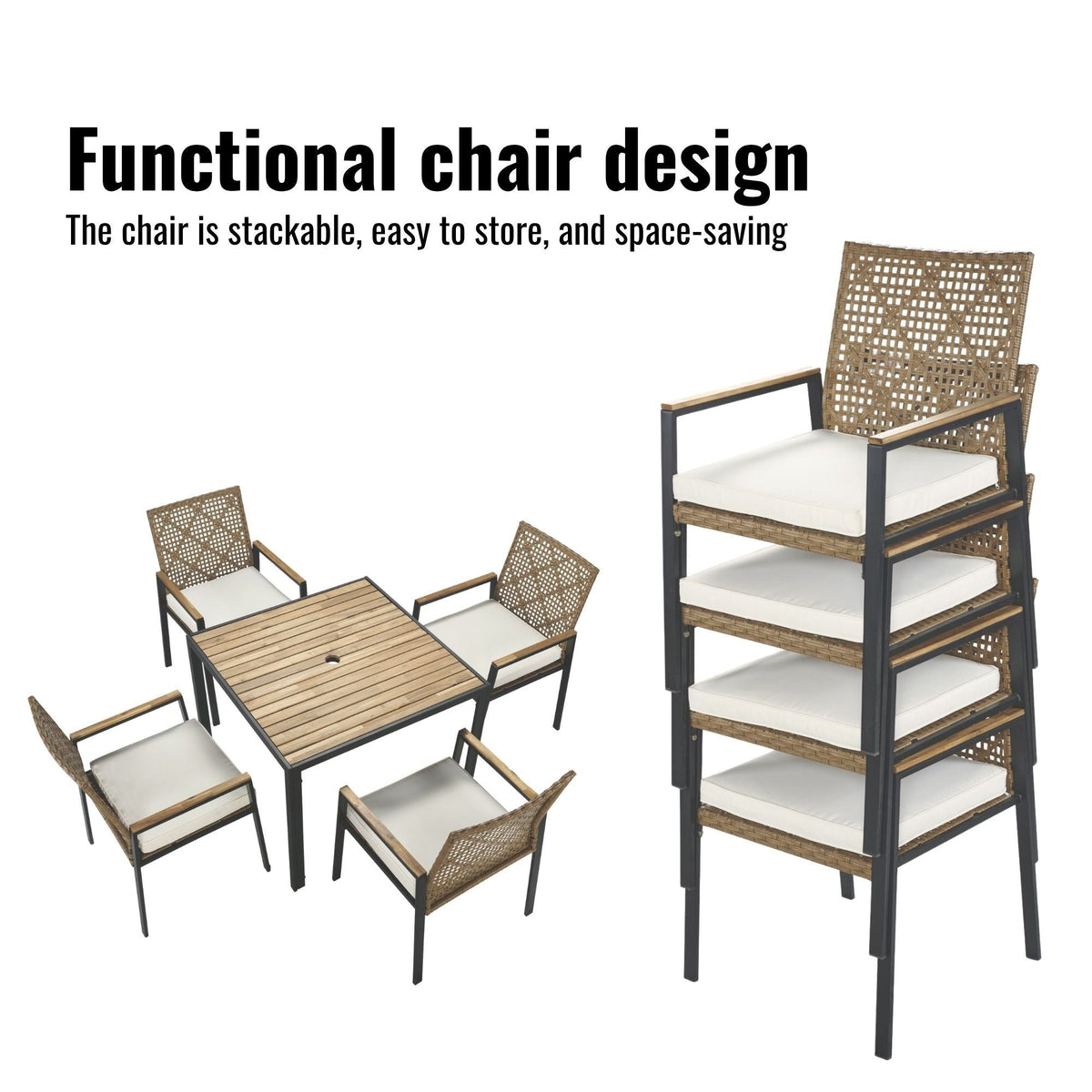 5 Piece Patio Dining Table Set, Acacia Wood Table Top With Umbrella Hole