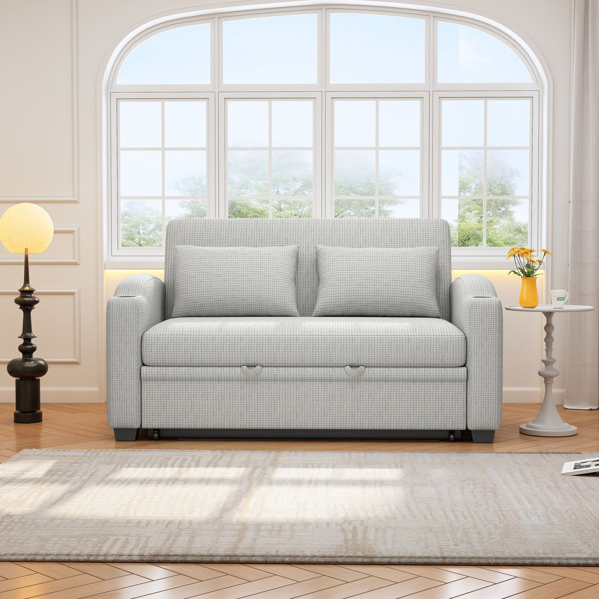 Pull Out Loveseat Sofa With Adjsutable Backrest, 2 Pillows, Cup Holders, USB Ports For Living Room