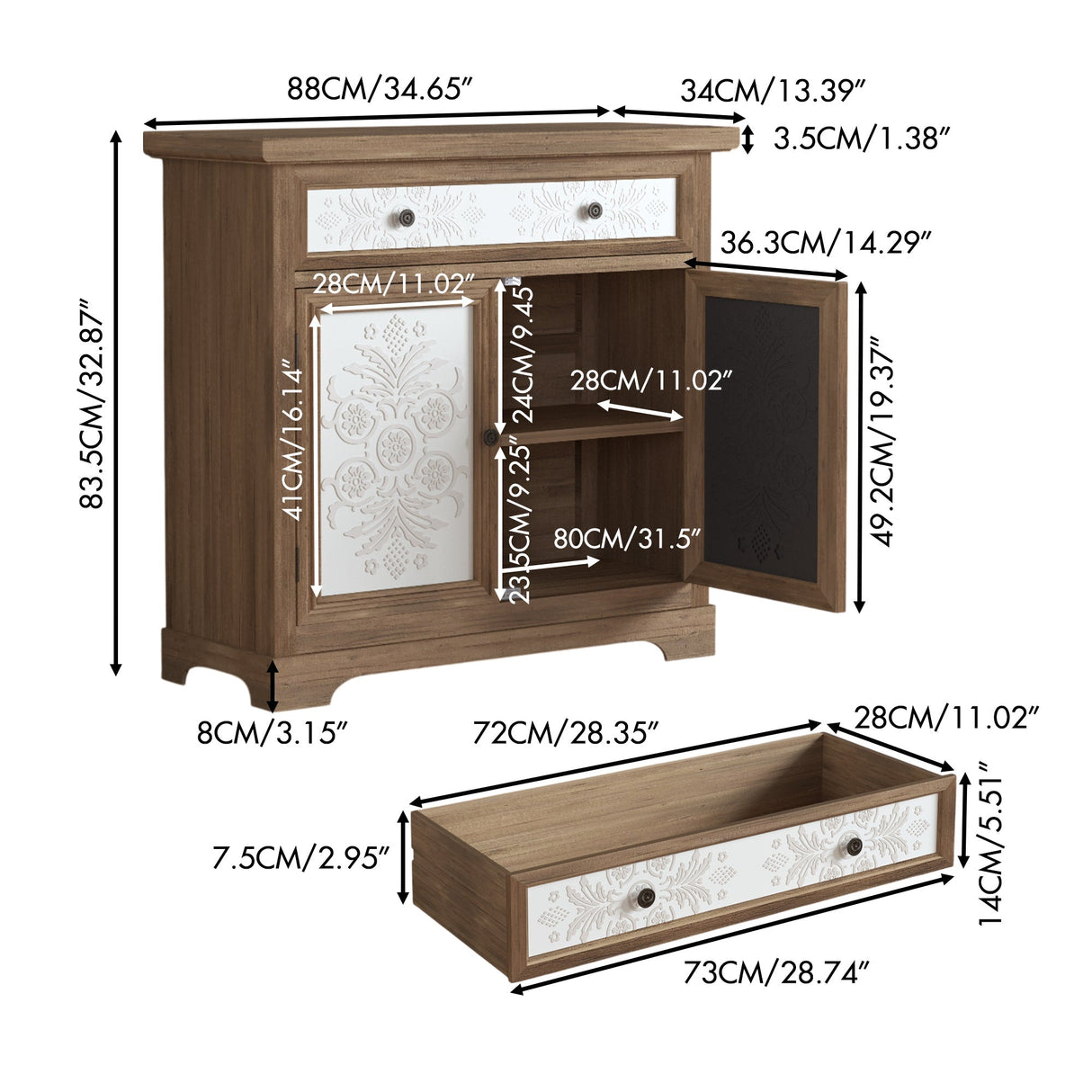 Rustic Vintage Accent Cabinet with Carved Floral Panels