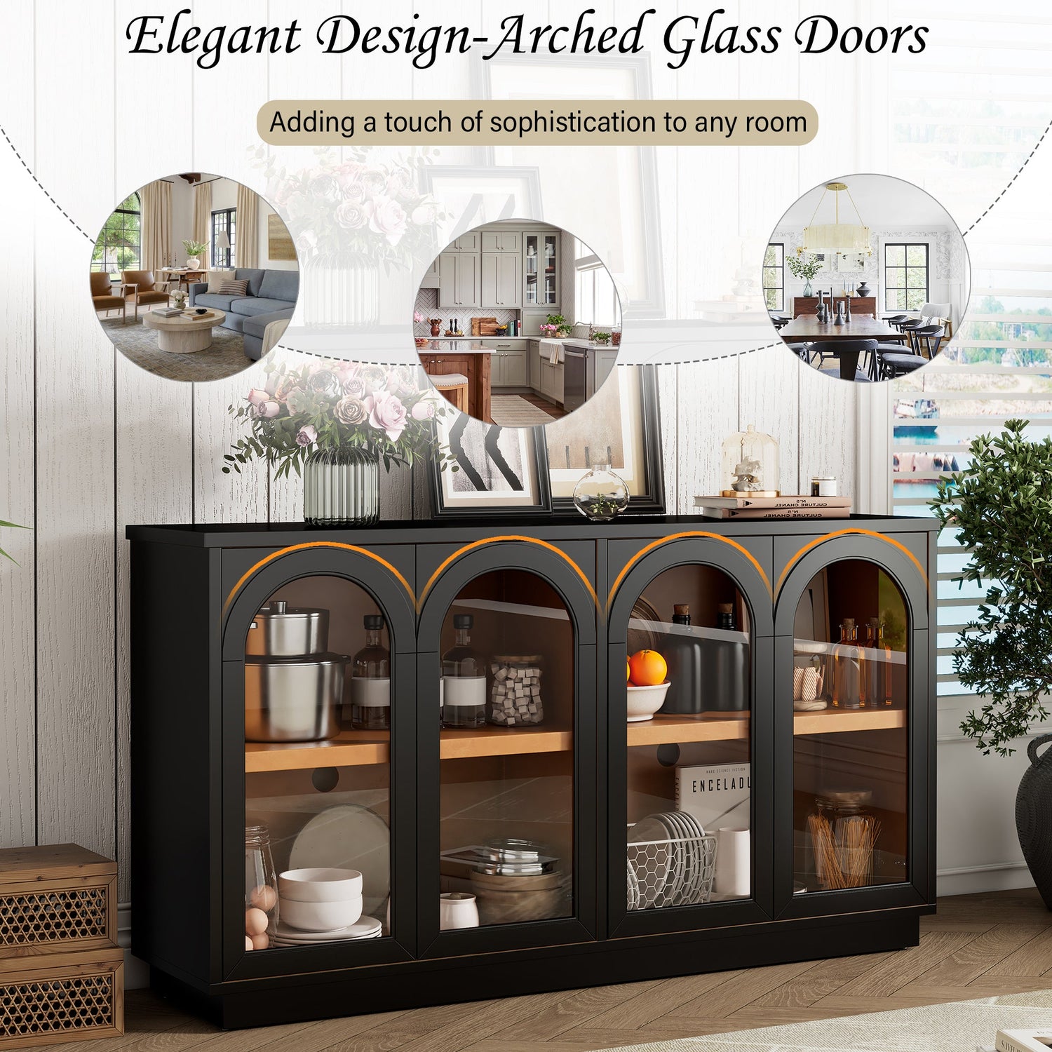 Arched Storage Cabinet with Glass Doors