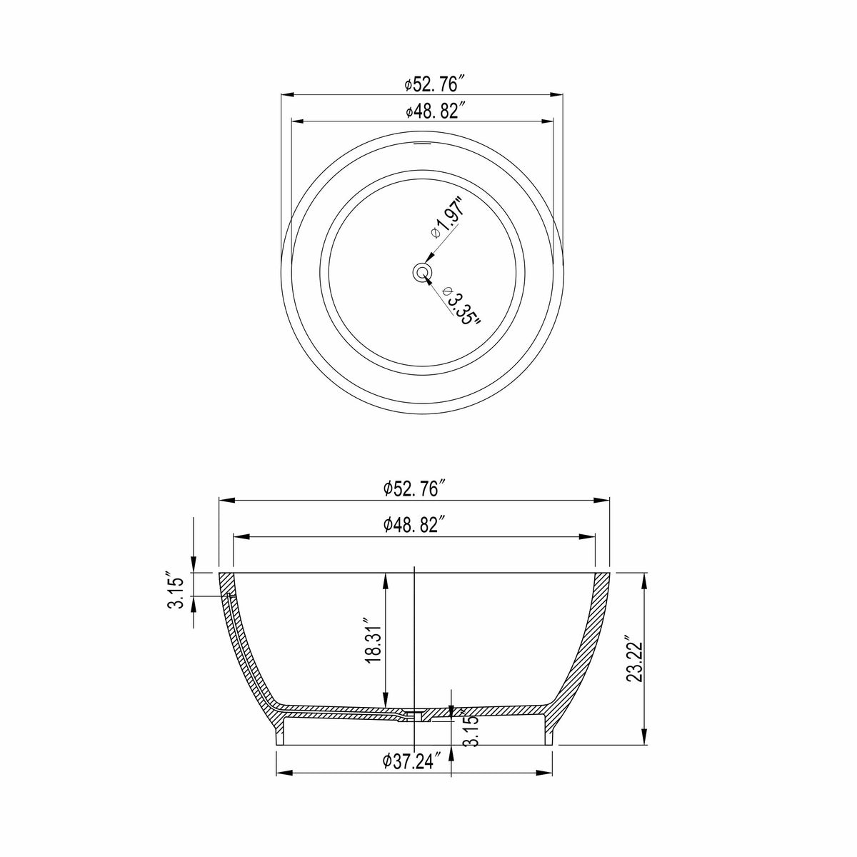 52.7 Inch Round Freestanding Soaking Bathtub with Solid Surface - Matte White