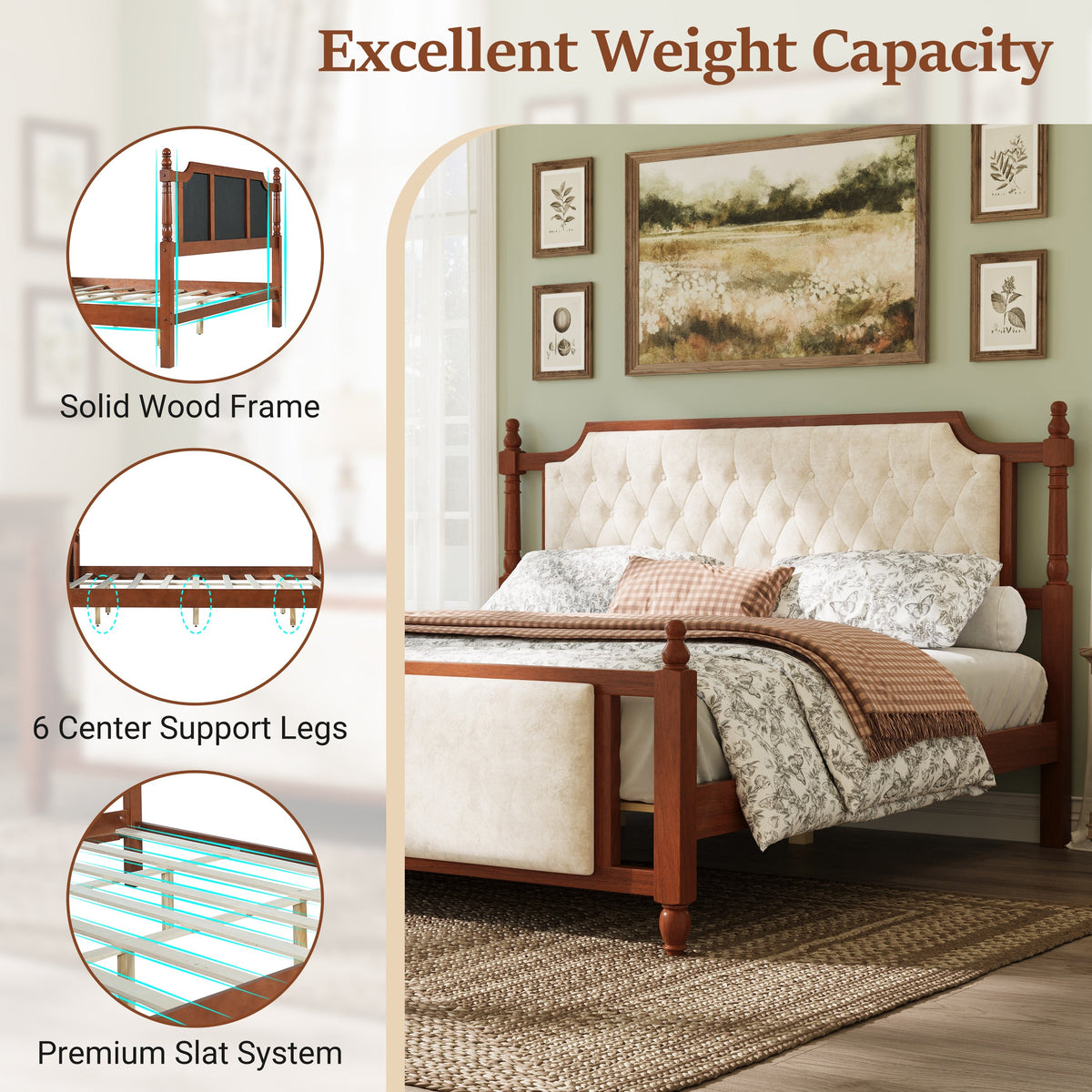 King Size Upholstered Platform Bed with Button Tufted Headboard