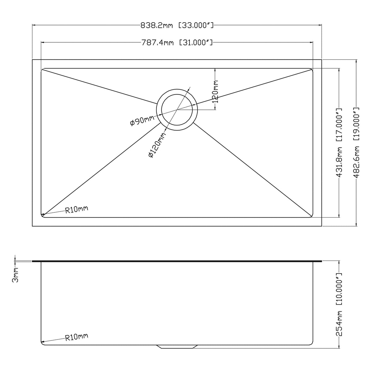 Undermount Kitchen Sink 16 Gauge Single Bowl Stainless Steel