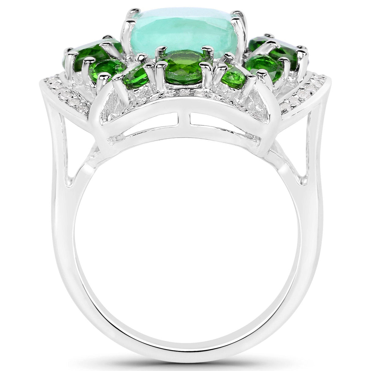 5.49 Carat Genuine Emerald, Chrome Diopside and White Diamond .925 Sterling Silver Ring