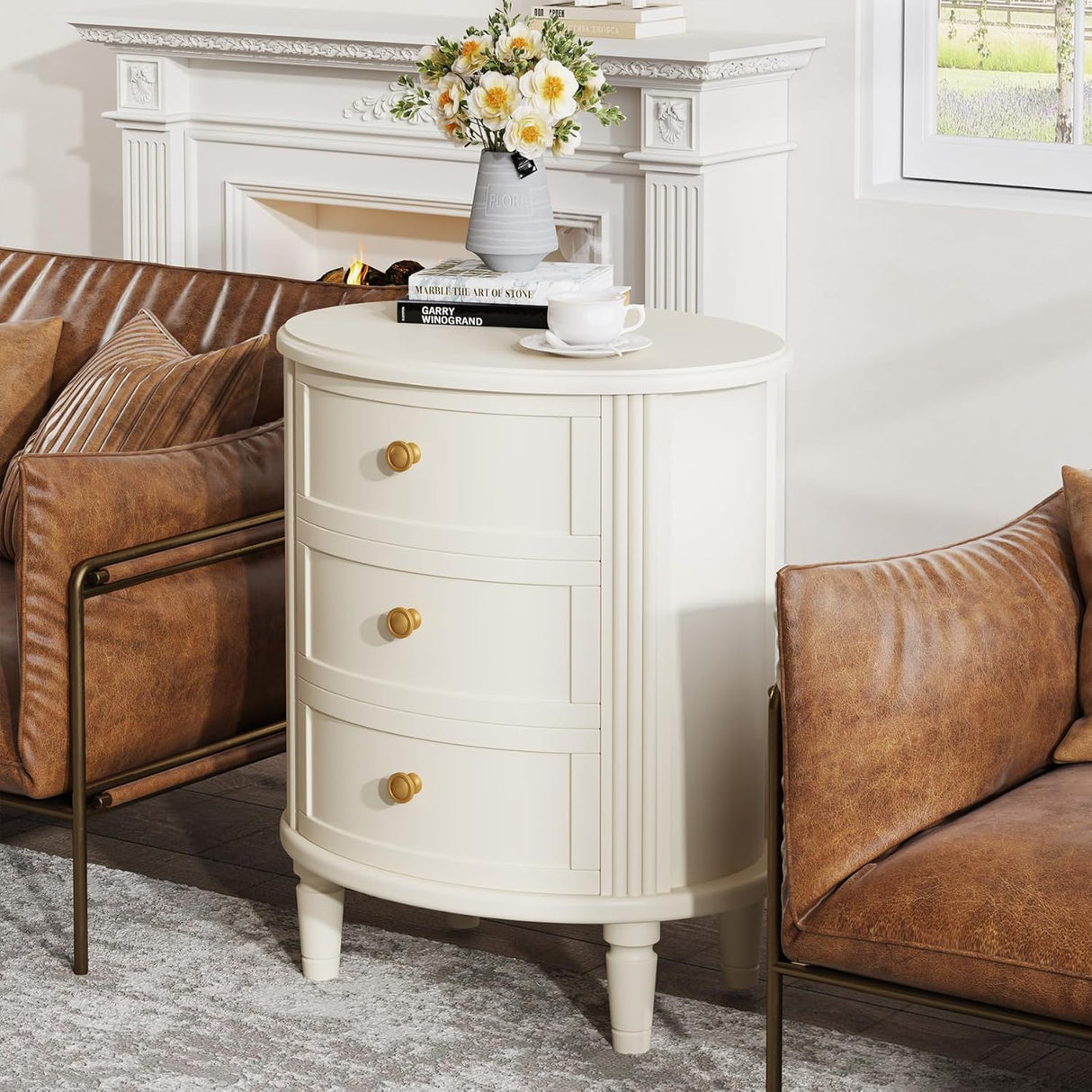Oval Nightstand With 3 Drawers, Bedside Table - White