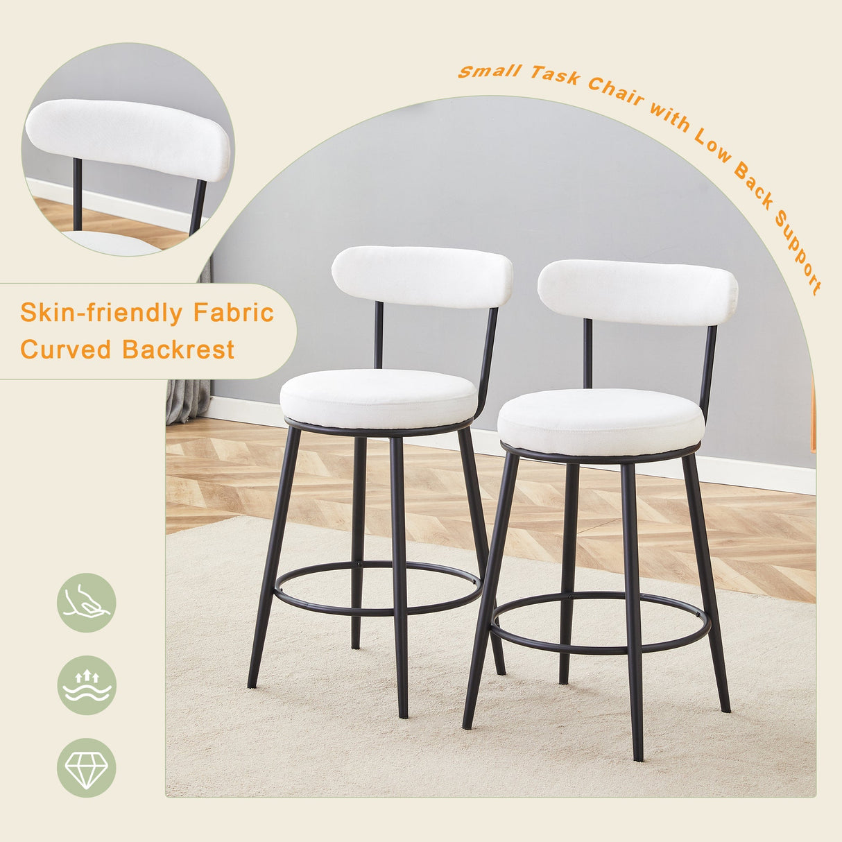 Fashionable Ergonomic High Legged Bar Chairs with White Fabric Cushions - Set of 2
