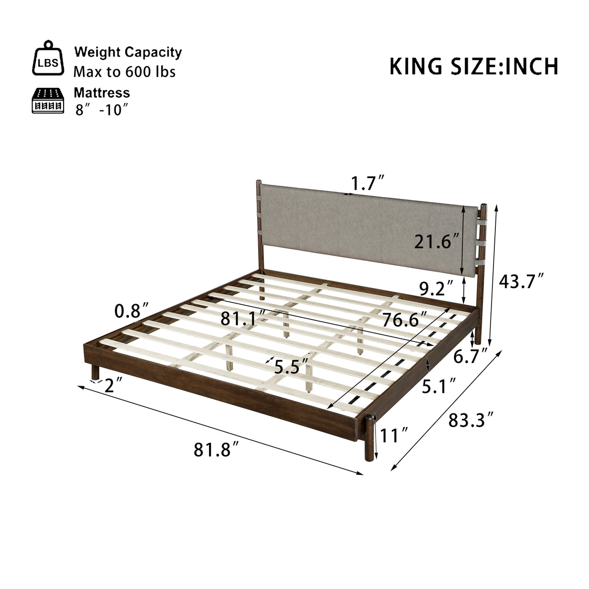 Premium Rubber Wood Platform Bed Frame, King Size with Headboard