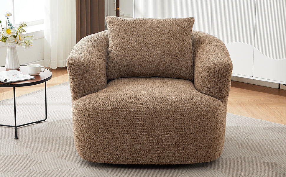 Chenille Upholstered 360° Swivel Chair with Throw Pillow, Dark Brown