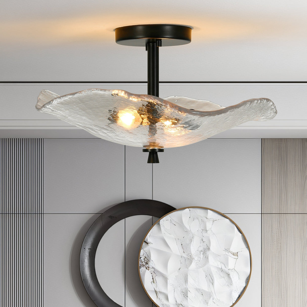 Ceiling Light Fixtures Flush Mount Indoor Outdoor Ceiling Light with Water Ripple Glass Shade for Hallway Kitchen Bedroom Porch Living Room(Black)