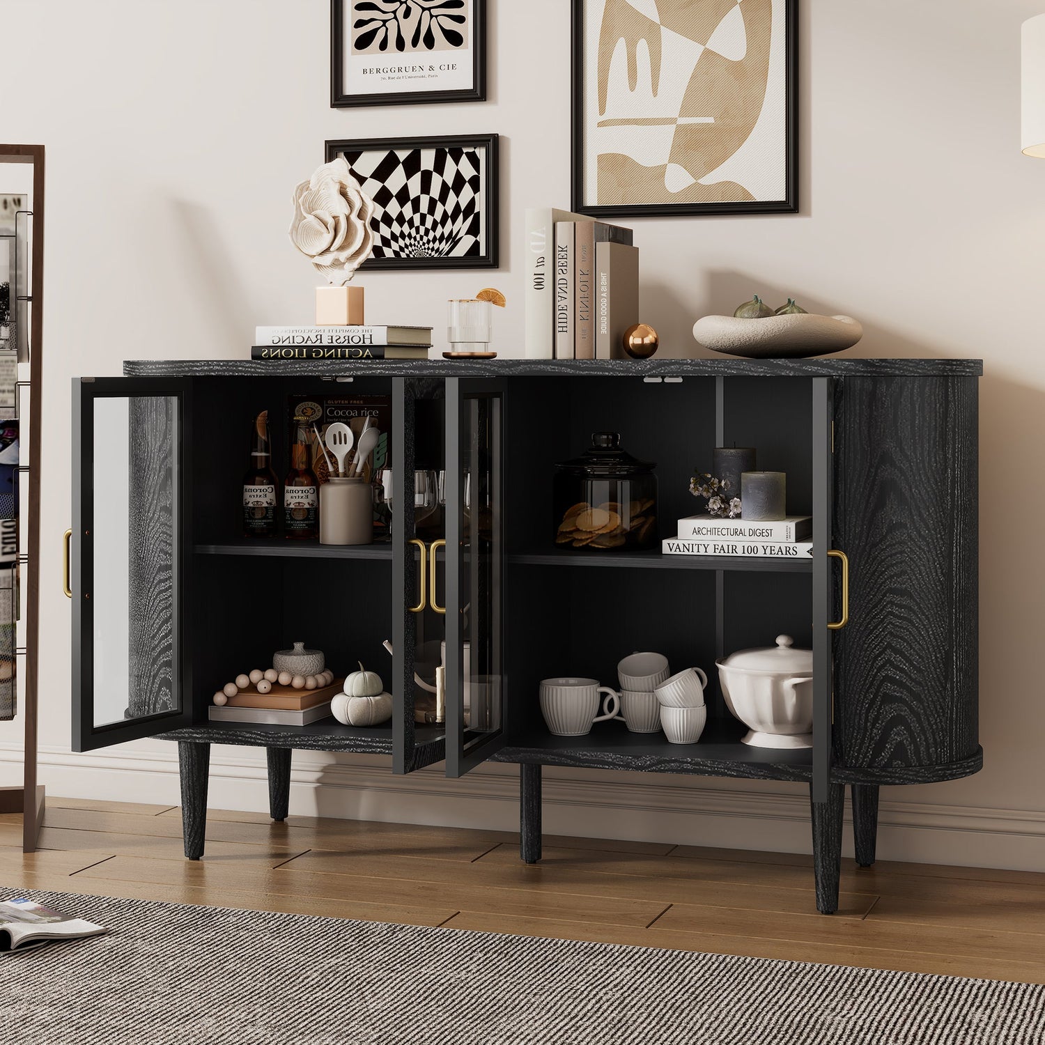 Wood Buffet Cabinet with Glass Doors and Adjustable Shelves