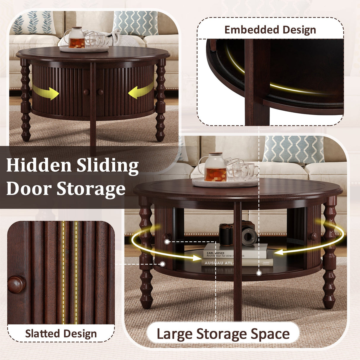 Vintage Round Coffee Table with Storage in Walnut