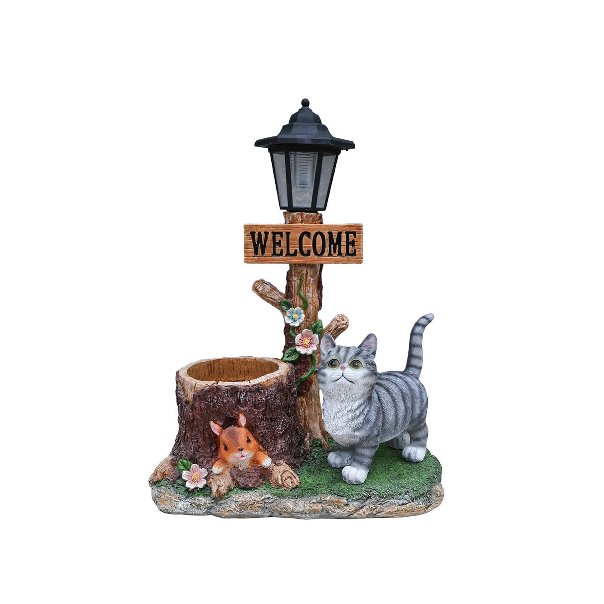Cat Solar Planter Statue for Outdoor Decor