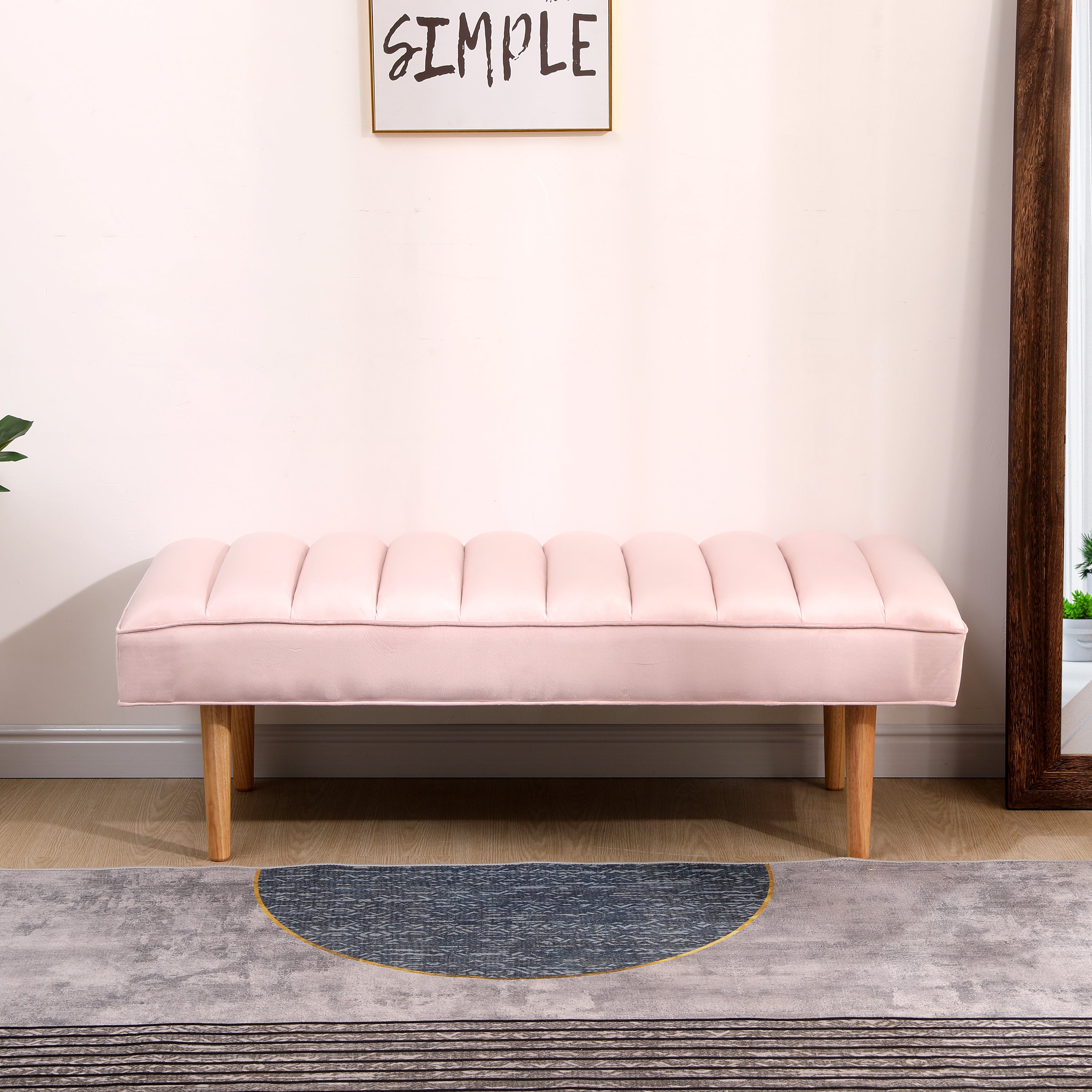 Pink-Velvet-Upholstered-Bench-Channel-Tufted-Bedroom-Ottoman-with-Wood-Legs-Home-Furniture-(Pink)-Storage-&-Entryway-Benches