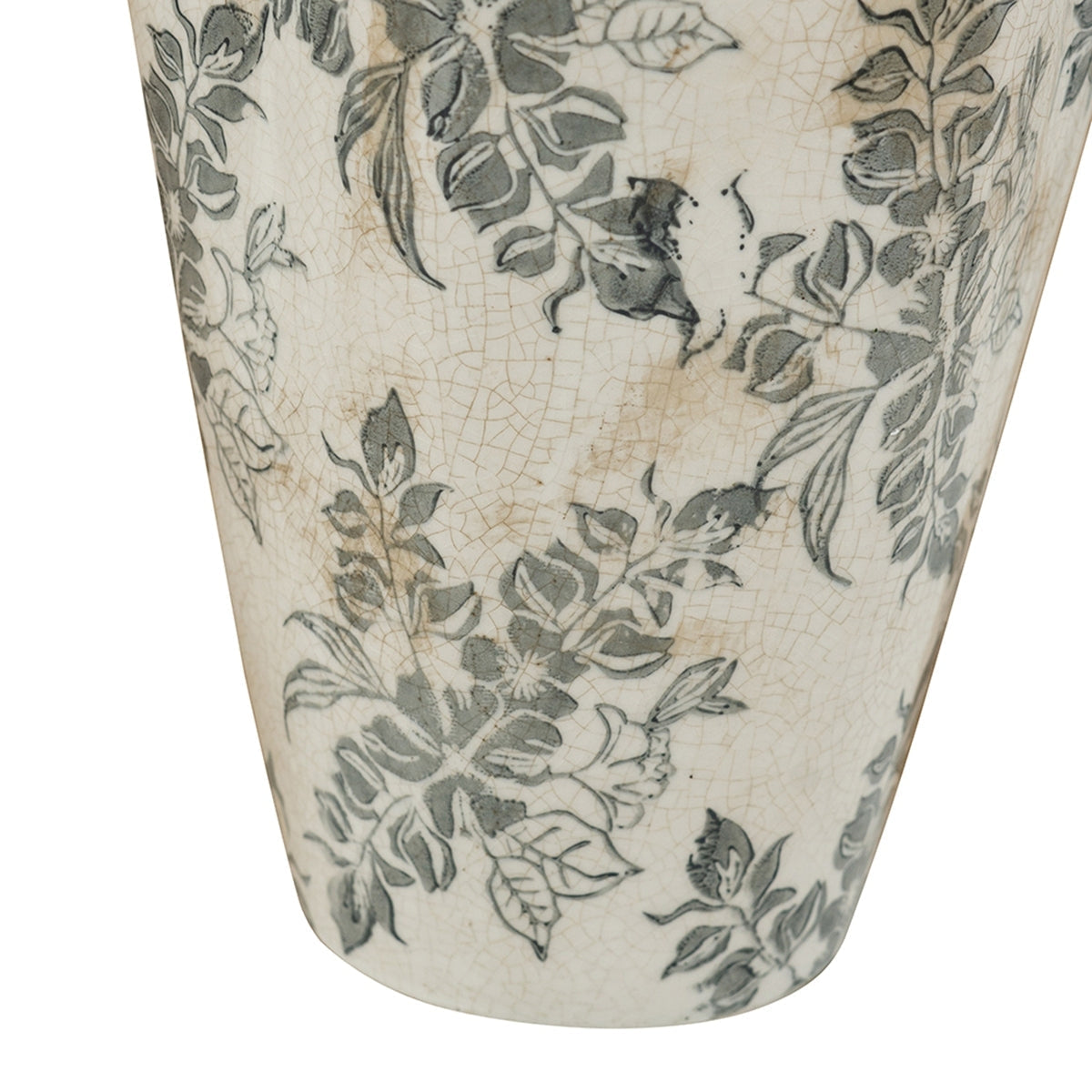 White Ceramic Accent Vase with Gray Floral Design - 11.6" Height