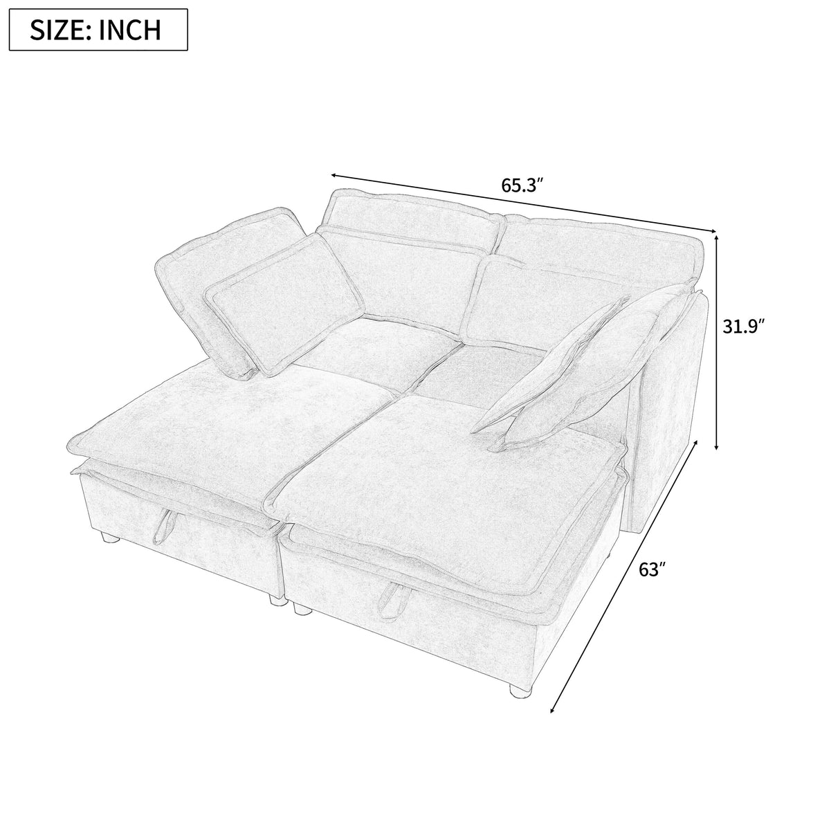 Double-Layer Cushion Modular Sofa 4-Seater with Storage Function