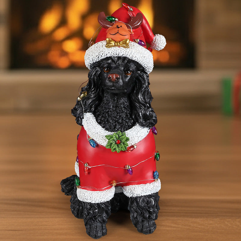 Festive Black Poodle Christmas Statue