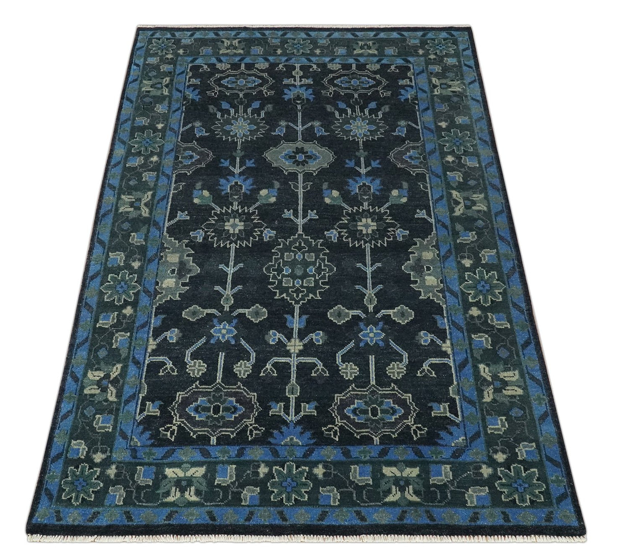 Dark Blue and Beige 5.6x8.6 Hand Knotted Traditional Oushak wool area rug