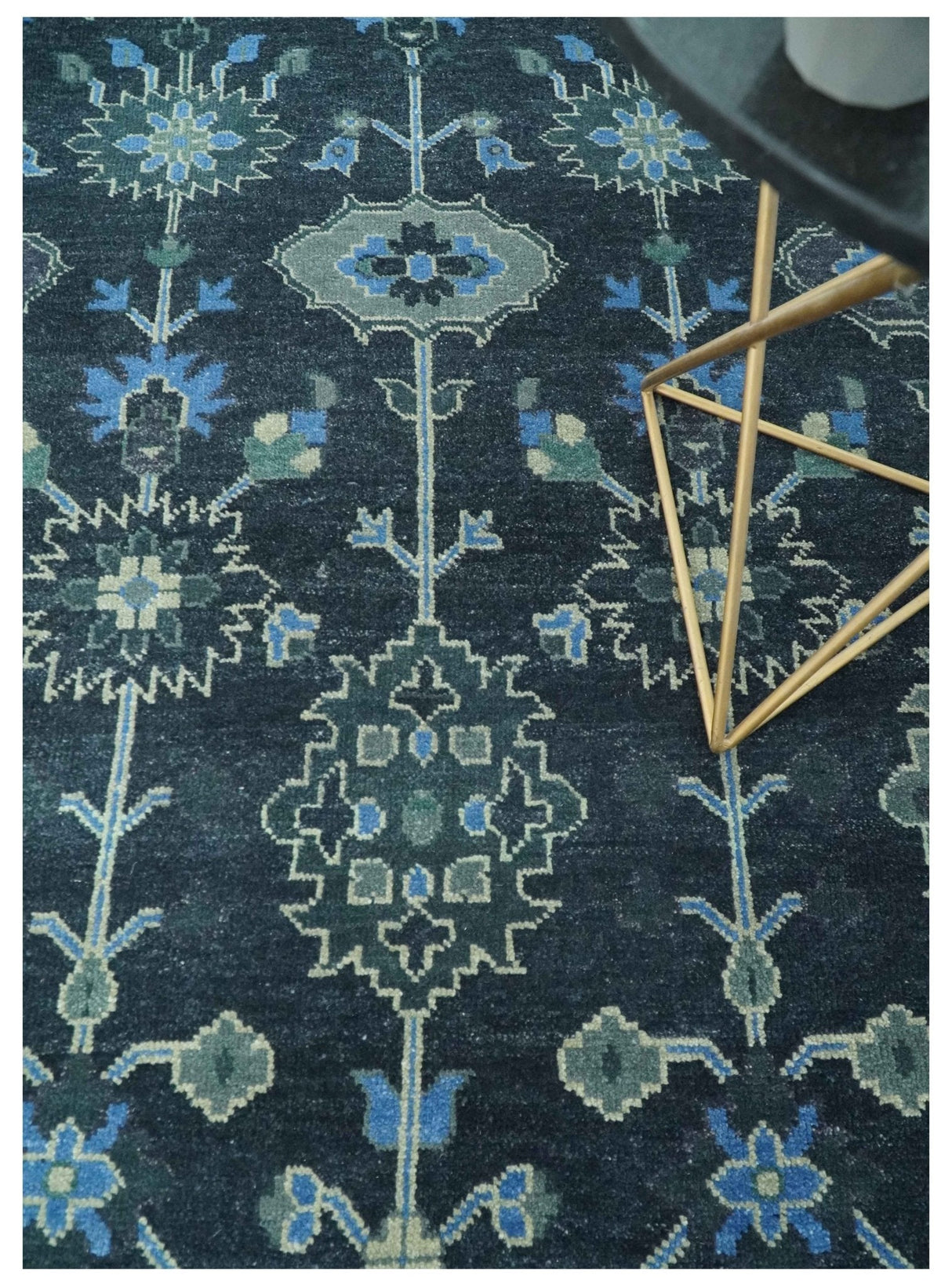 Dark Blue and Beige 5.6x8.6 Hand Knotted Traditional Oushak wool area rug