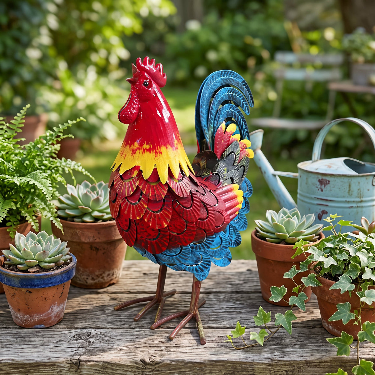 Wrought-Iron Rooster Garden Statue