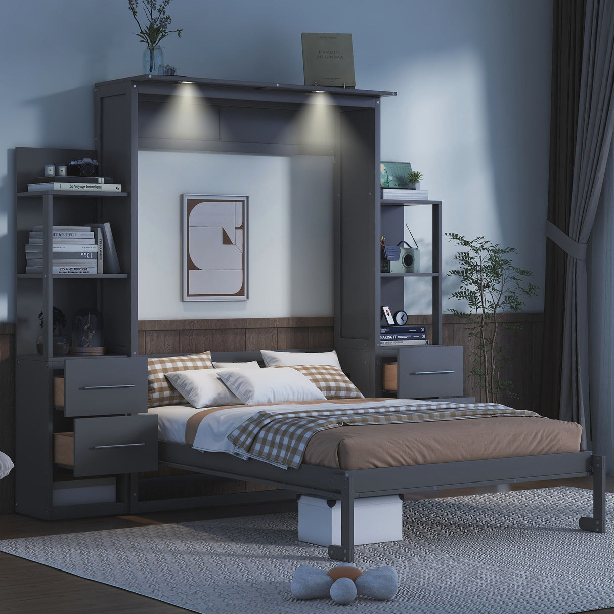Murphy Wall Bed With LED Lights, Shelves And Drawers