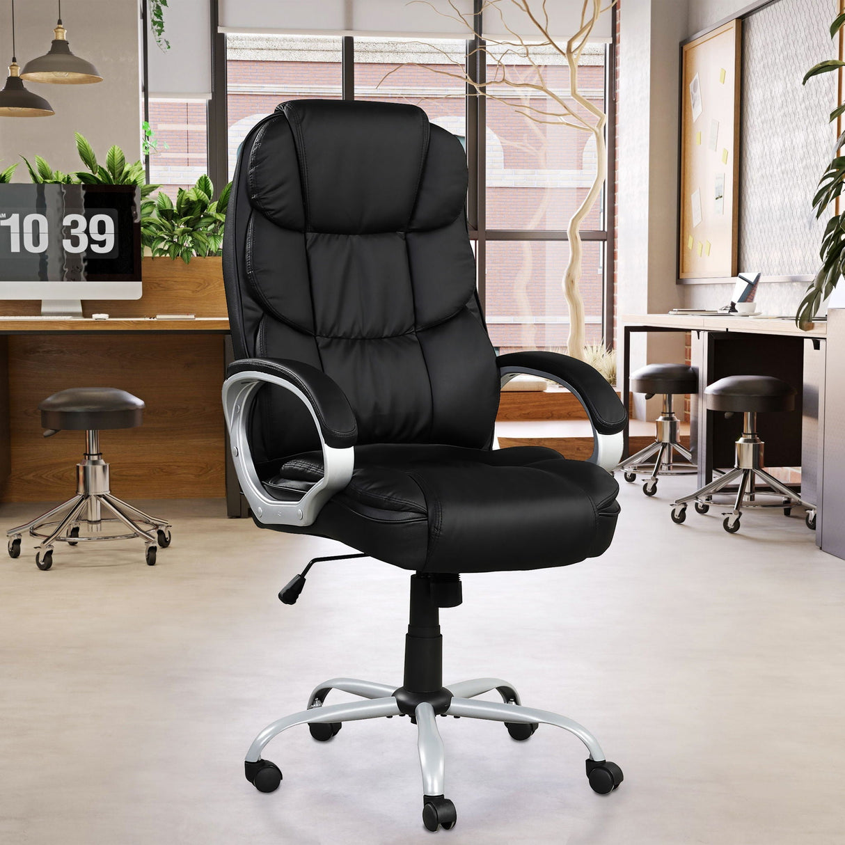 Upholstered Office Chair, Adjustable Height Swivel Chair - Black