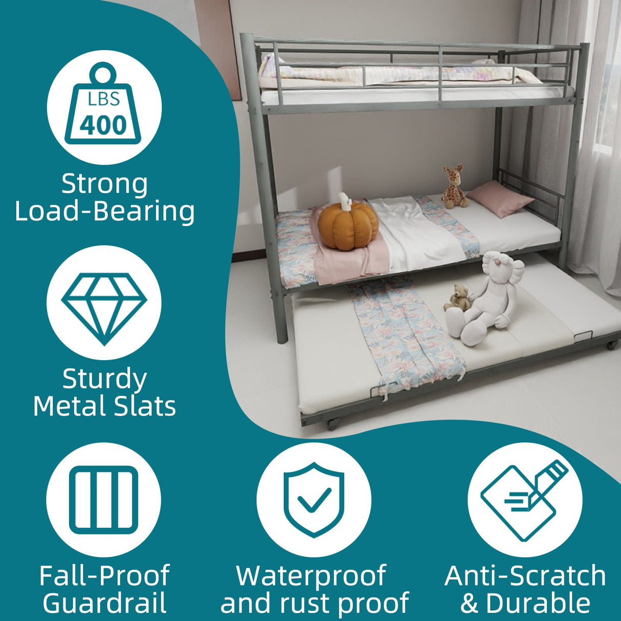 Bunk Bed For Kids, Convertible Frame With Ladders & Guardrail