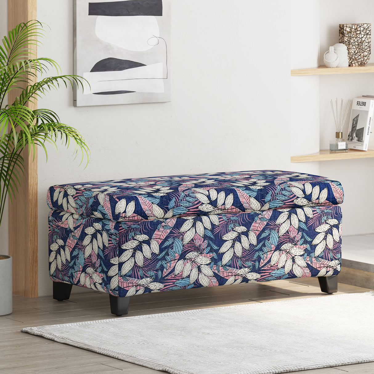 Luxury Storage Ottoman with Floral Patterned Fabric