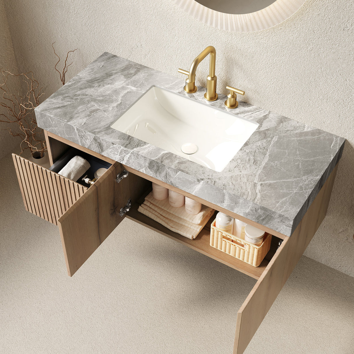 MURI 48" Bathroom Vanity & Sink, Floating Plywood Storage Cabinet