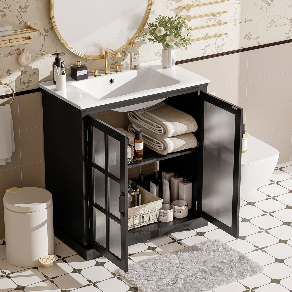 Modern Bathroom Vanity with Ceramic Sink and Tempered Blurred Glass Doors