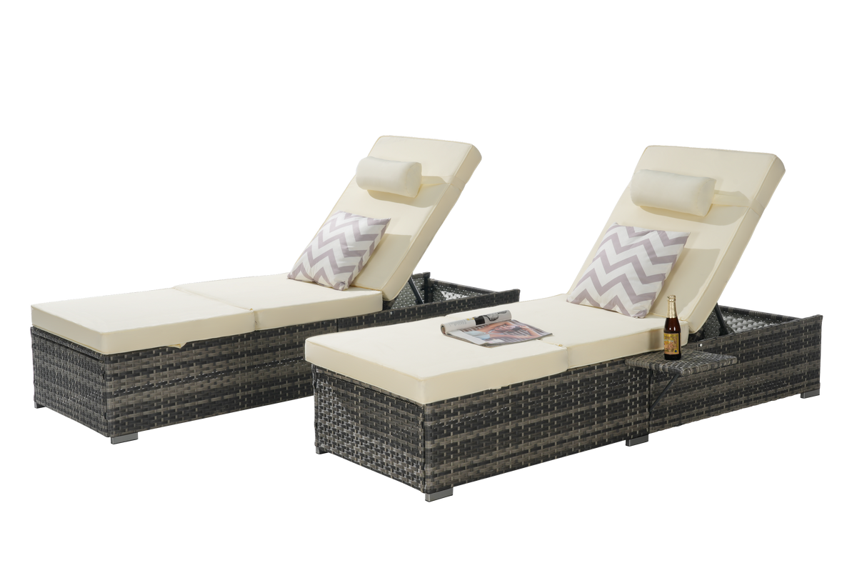 Outdoor Chaise Lounge Chair Set of 2 with Storage Patio Pool Chairs Tanning Lounges for Outside,Beach Rattan Recliners with Adjustable Backrest, Table, Cushion for Poolside Backyard Garden