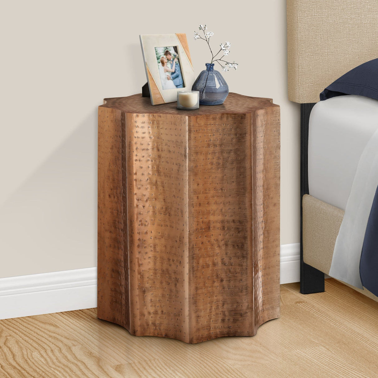 Artifact End Table with Scalloped Design and Hammered Texture