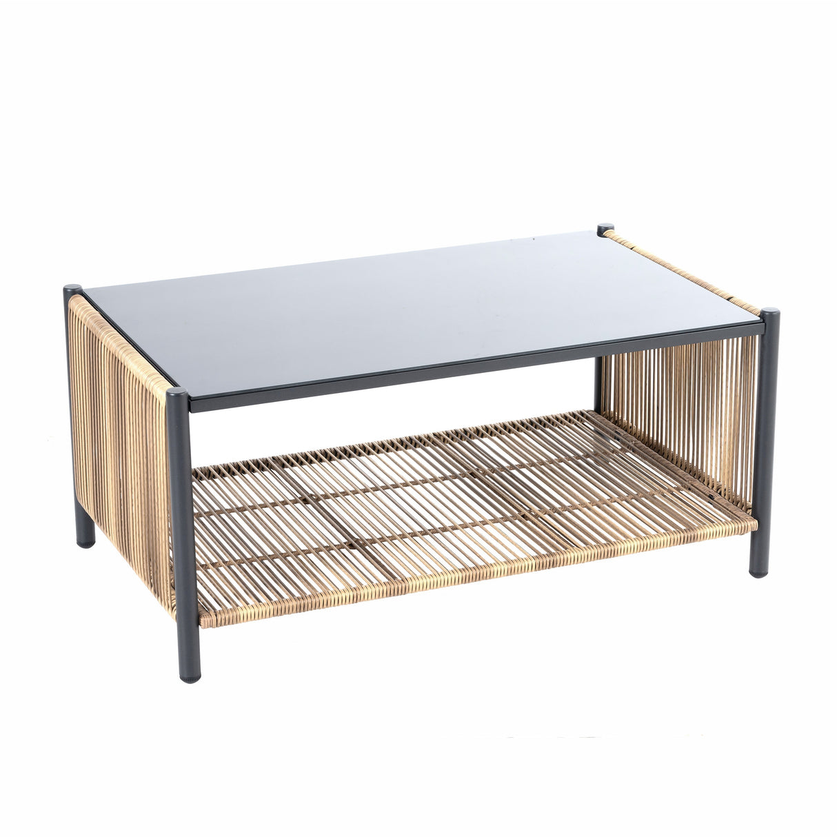 Outdoor PE Wicker 2-Seater Sofa Set with Grey Cushions and Table