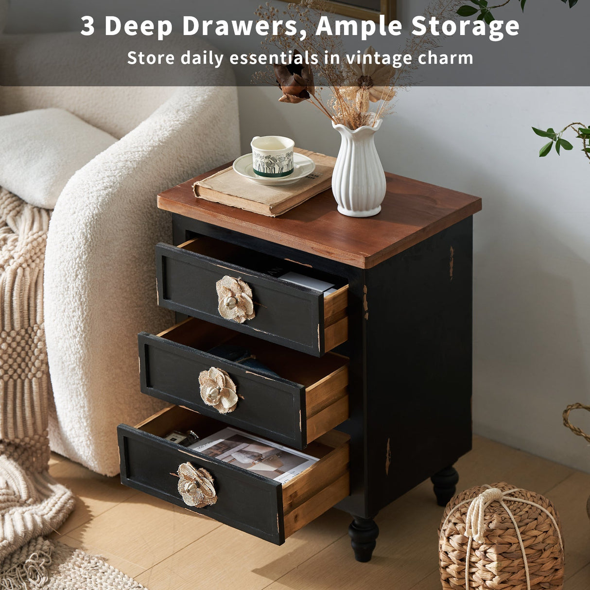 Rustic Dark Blue 2-Drawer Wooden Cabinet with Aged Finish & Floral Handles