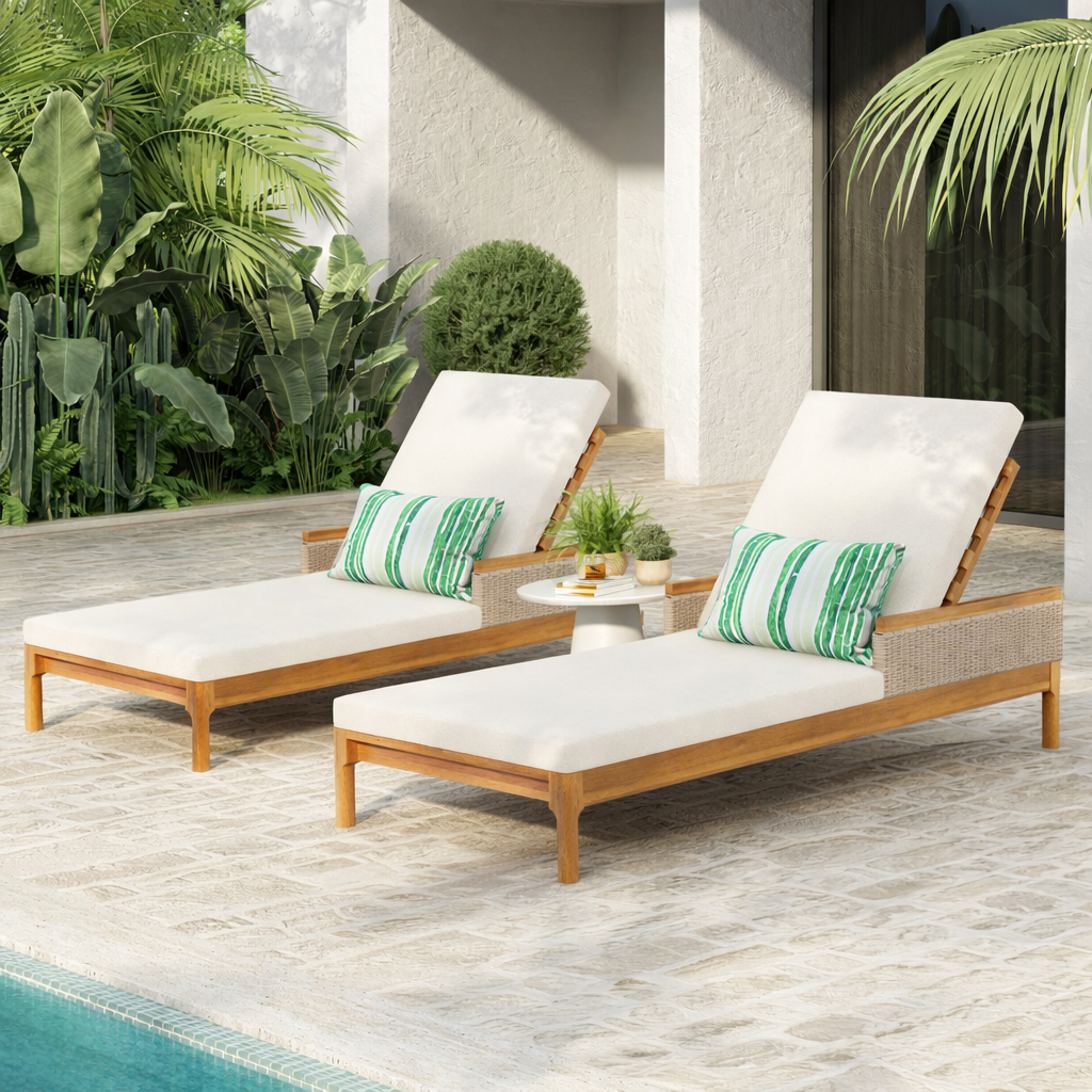 76.8' Solid Acacia Wood Sun Lounger Set of 2 with Cushions